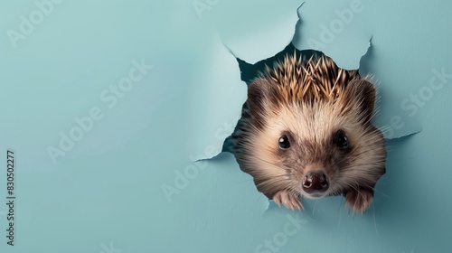 Cute hedgehog peeks through the hole in the paper wall.