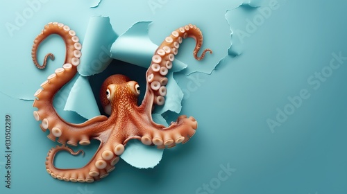 Cute octopus peeks through the hole in the paper wall.