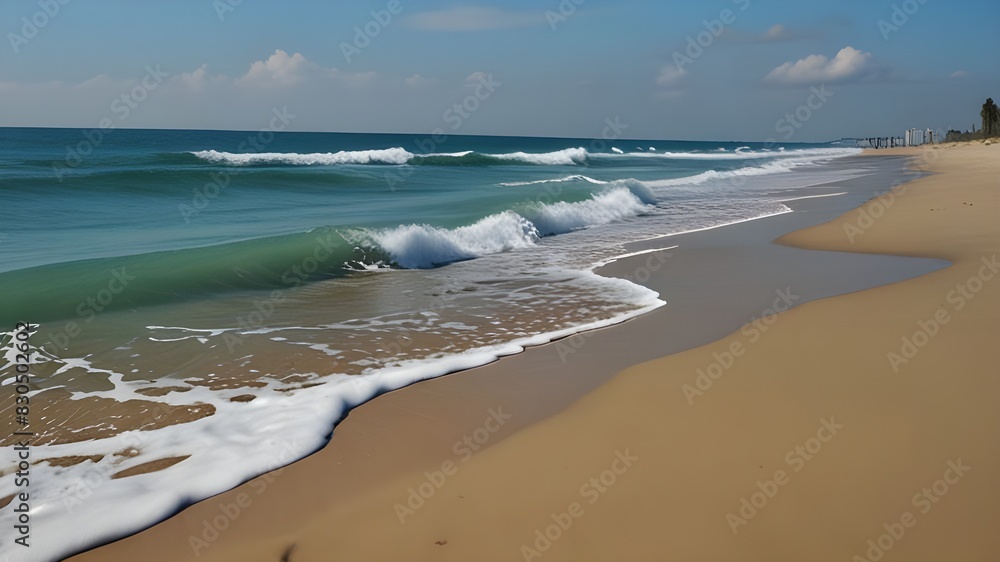 Obraz premium Sandy, Beach, Blue Ocean, Trees, Waves, Sunset, Generative AI 