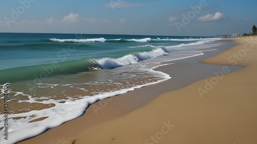 Sandy, Beach, Blue Ocean, Trees, Waves, Sunset, Generative AI 
