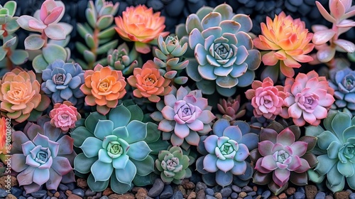 A vibrant collection of diverse succulents in various colors and shapes, beautifully arranged to create a stunning garden display. Background, backdrop for photoshoot. photo