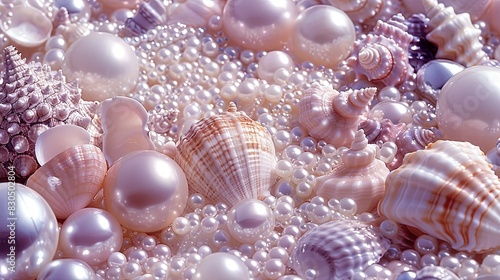 A dreamy composition of pastel seashells and pearls, illuminated by soft light, creating a tranquil and luxurious scene.