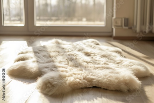 White fur on the floor in a room with a large window. Cozy place in home