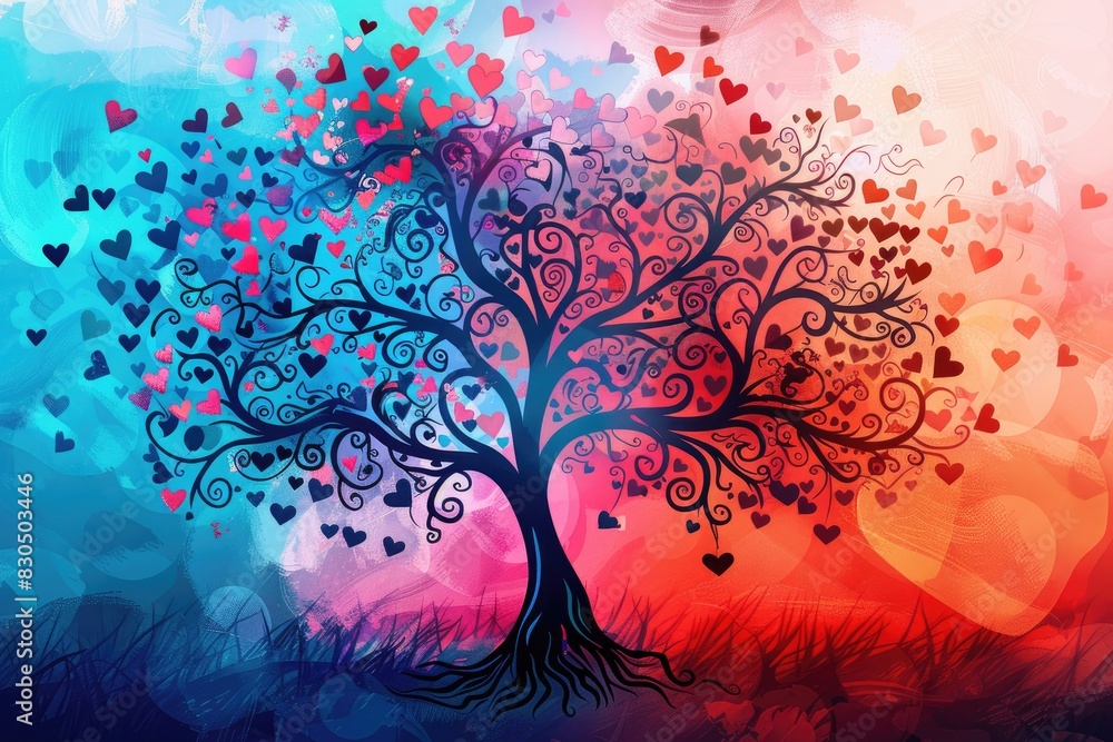 Illustration of Colorful Heart Tree with Vibrant Background