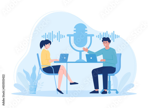 Women and men are making podcasts concept flat illustration