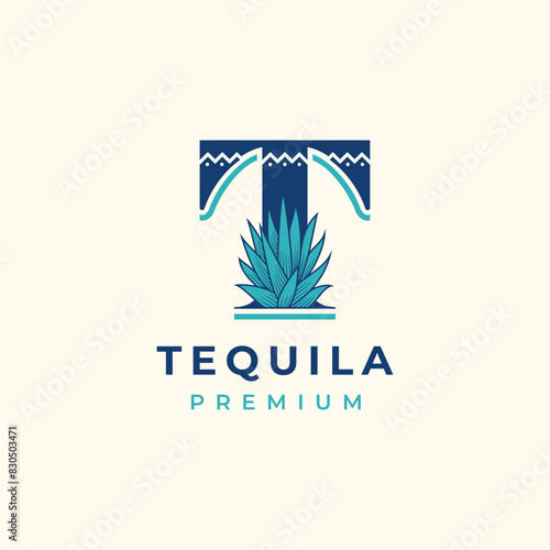 Vintage letter T and blue avage plant vector logo for tequila drink bar business