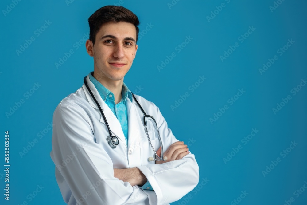 Doctor. Confident Young Male Medic Smiling in Blue Background Doctor. Confident Young Male Medic Smiling in Blue Background