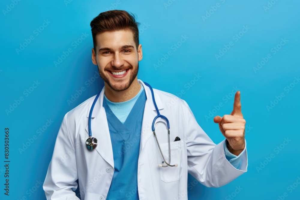 Doc. Smiling Doctor Pointing on Blue Background with Copy Space Doc. Smiling Doctor Pointing on Blue Background with Copy Space