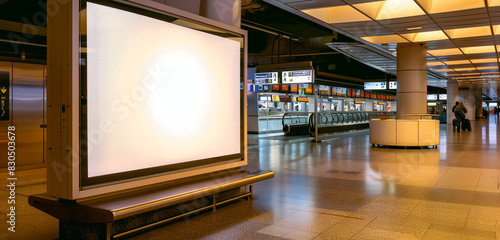 Innovative integration of a blank billboard in a busy airport setting near a carousel.
