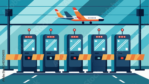 A row of tingedge security scanners ensuring the safety and efficiency of air taxi travel in the highly advanced airport.. Vector illustration