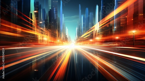 Abstract city lights streaks, futuristic urban landscape, speed and motion concept. © Amina