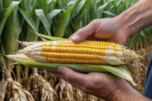 Close-up of farmer's hand holding freshly harvested corn