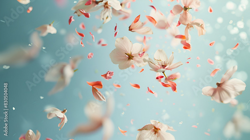 Petal flowers flying in the air in spring season  background, falling blossom petal, levitation of beautiful tropical floral.ai generative photo