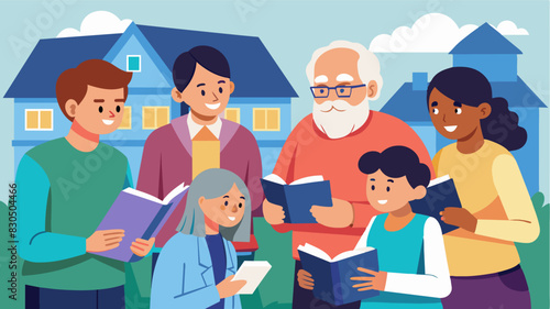 A group of high school students offer free tutoring services to seniors in their neighborhood helping them with basic reading and writing skills.. Vector illustration