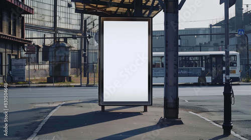 Slim vertical blank billboard at a bus stop set against an industrial district backdrop.