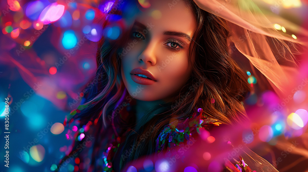 A beautiful woman with wavy hair wearing an outfit made of colorful glowing fabric, night club photography, cinematic volumetric lighting A beautiful woman with wavy hair wearing an outfit made of colorful glowing fabric, night club photography, cinematic volumetric lighting