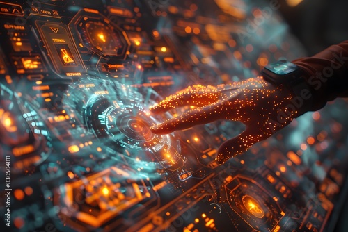 A futuristic holographic interface being operated by a person, with vibrant 3D displays and virtual controls List of Art Media Futuristic Technology