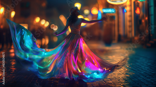 A beautiful woman wearing an illuminated dress with flowing colors dances in the street at night, creating a cinematic scene. The dress is made of luminous fabric that illuminates her figure photo