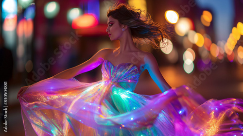 A beautiful woman wearing an iridescent dress with LED lights on it, twirling in the street at night, dancing to music, vibrant colors, stunning details, intricate patterns, reflections of city lights