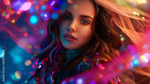 A beautiful woman with wavy hair wearing an outfit made of colorful glowing fabric, night club photography, cinematic volumetric lighting