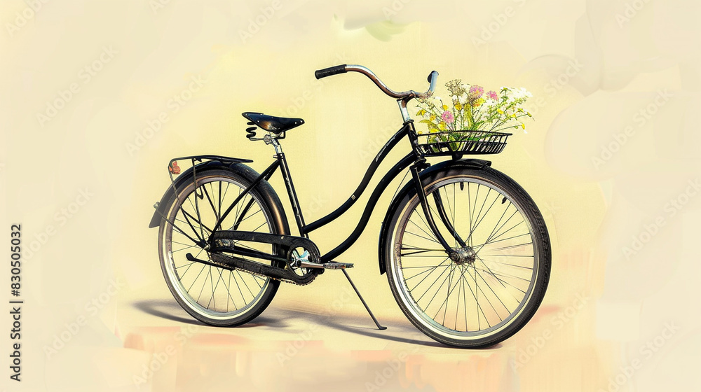 A vintage black bicycle with a few wildflowers in the front basket, beautifully presented on a rich light yellow canvas.