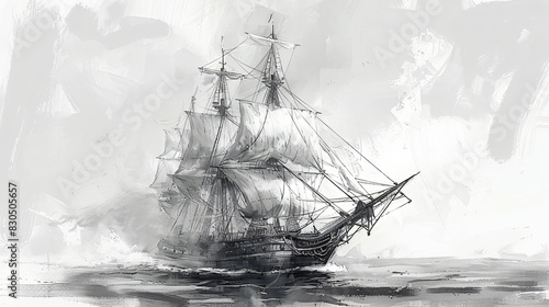 Landscape pencil sketching features battleship sail boat in the sea ocean, moody vintage classic wall art, background, wallpaper 