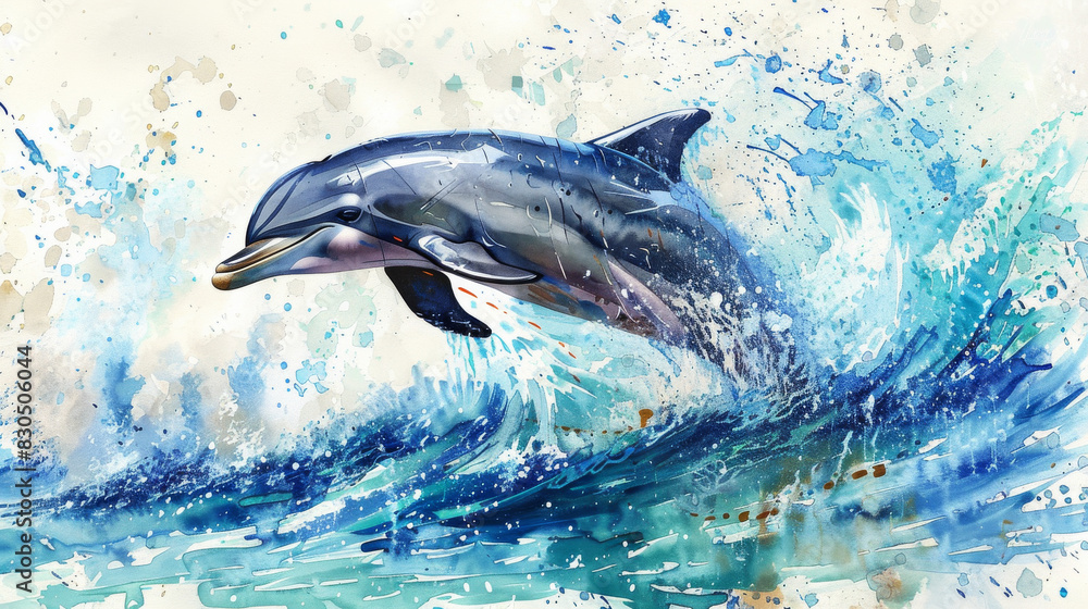Fototapeta premium A dolphin is leaping out of the water, creating a splash