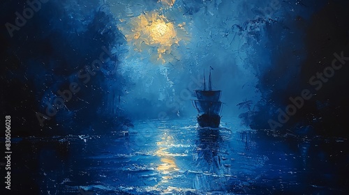 Landscape oil painting strong brush features battleship sail boat in the sea ocean, blue color theme, moody vintage classic wall art, background, wallpaper 