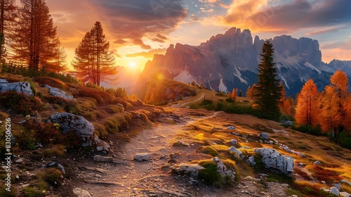 Beautiful mountain path rocks and stones orange trees at sunset in autumn in dolomites