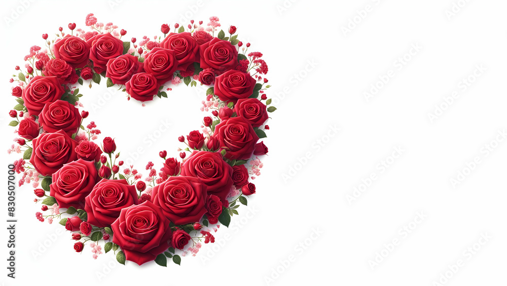 Heart red roses and leaves on a white background, generative ai