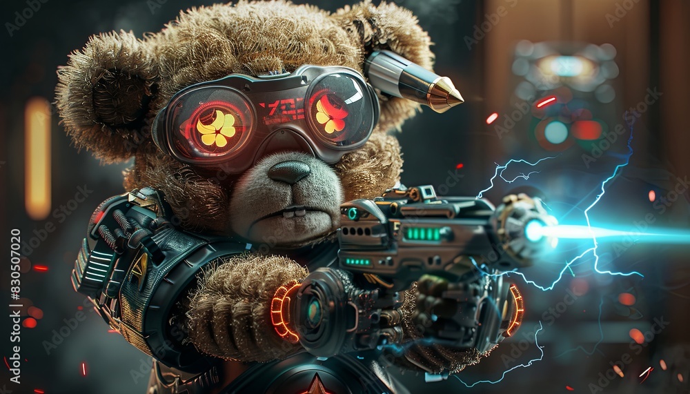 A teddy bear is holding a gun and wearing goggles A teddy bear is holding a gun and wearing goggles