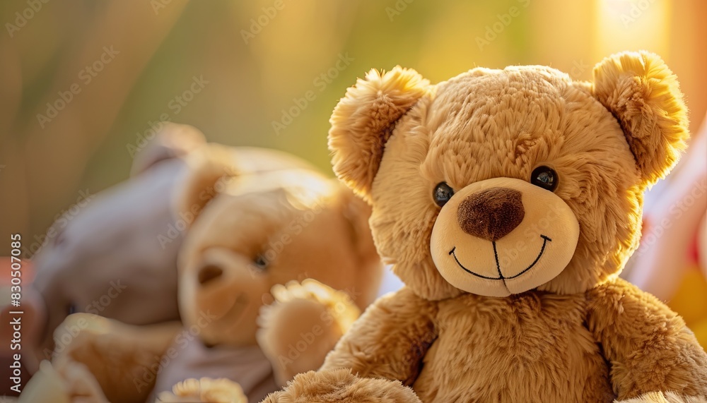 A teddy bear is sitting on a bed with two other teddy bears A teddy bear is sitting on a bed with two other teddy bears