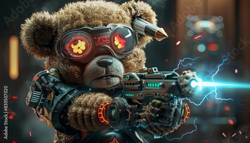 A teddy bear is holding a gun and wearing goggles photo
