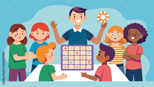 A teen sits with a group of elementary school students leading them in a game of bingo where they have to solve addition and subtraction problems to mark off each square.. Vector illustration