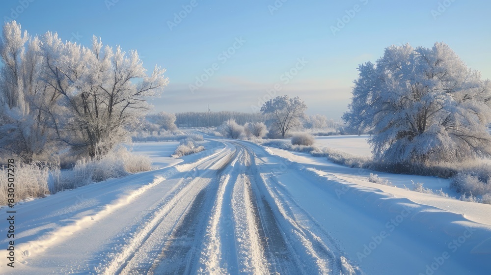 Snow covered rural road with wooded area in the distance