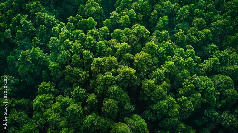  A bird's-eye perspective of a dense, green forest Trees populate the foreground, while their canopies form a sea of greenery in the background
