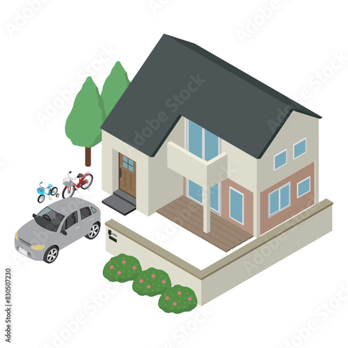アイソメトリックイラスト：一軒家と車と自転車