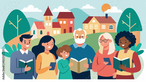 In a small town a group of high school students join forces with retired professionals to establish a community literacy program providing support and inspiration to individuals. Vector illustration