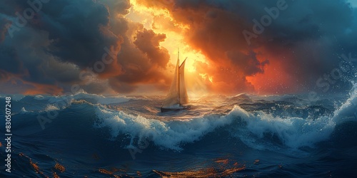 Landscape painting features battleship sail boat in the sea ocean, during sunset,  moody vintage classic wall art, background, wallpaper  photo