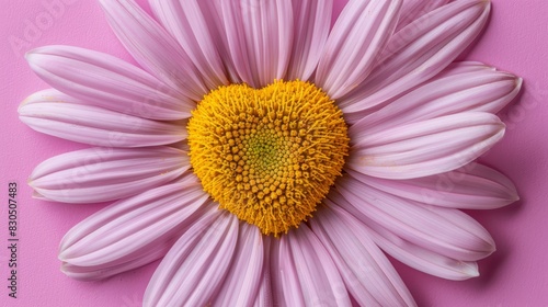  A pink flower with a heart-shaped yellow center on a pink background The flower s center consists of a yellow circle