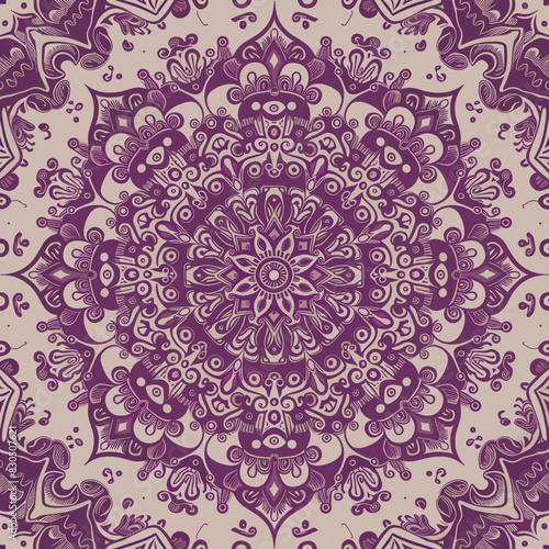 Beautiful Mandala Ornament Design in purple and burgundy against an ivory background