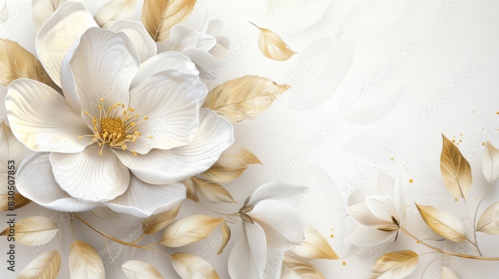 White flower, white pistil and golden leaves background White flower, white pistil and golden leaves background