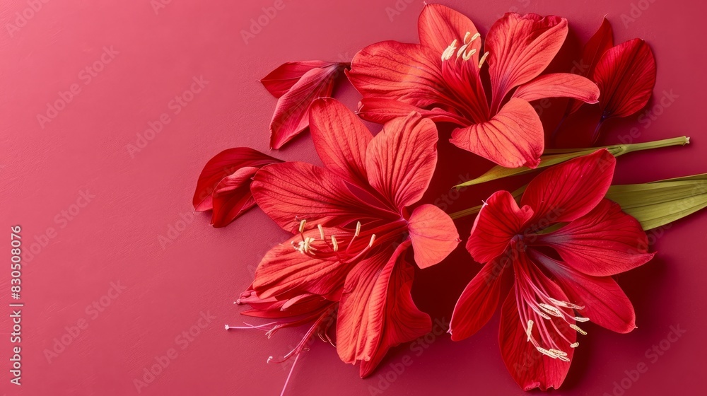 Obraz premium A bunch of red flowers sits atop a bright pink surface Their stems, green in hue, ascend from the midst One solitary red flower resides in the center