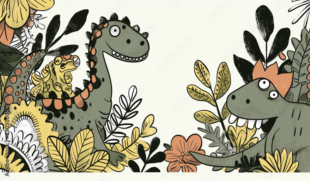 Fototapeta premium Cute card template and frame with dinosaurs, dino background, post card, birthday card room decoration, notebook notepads page with copy space and space for greetings