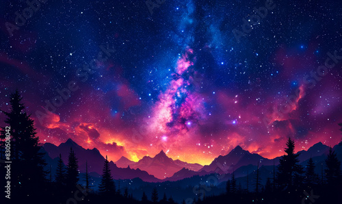 Magnificent Galaxy Sky with Vibrant Stars Illuminating the Night Over Majestic Mountain Range, Low Angle Cosmic Photography, Nighttime Natural Wonder photo