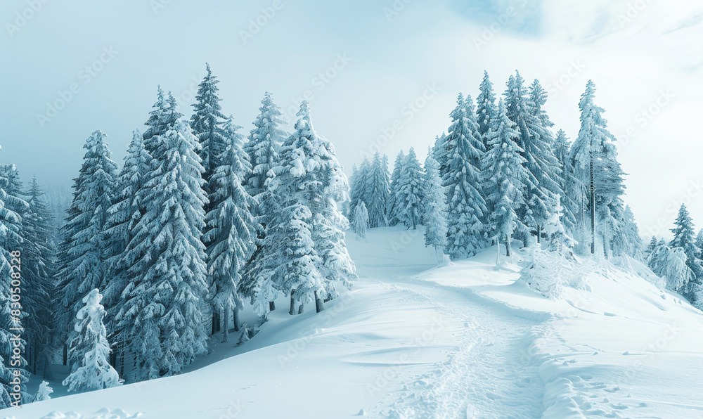 Snow Covered Pine Trees on a Winter Hill with Pristine Snow and Clear Sky, Perfect for Holiday Season Imagery, Peace and Tranquility in Nature, Winter Landscape Ideal for Travel Promotions Snow Covered Pine Trees on a Winter Hill with Pristine Snow and Clear Sky, Perfect for Holiday Season Imagery, Peace and Tranquility in Nature, Winter Landscape Ideal for Travel Promotions