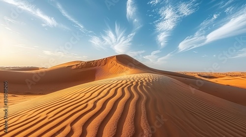 A desert landscape with sand dunes and a blue sky bearing wispy clouds
