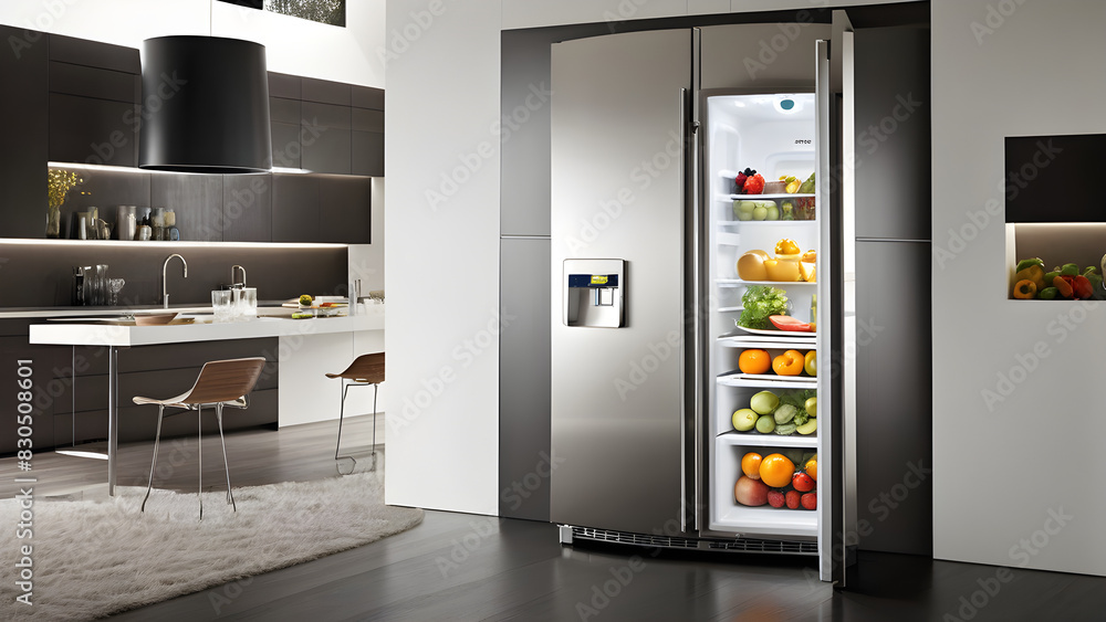 Modern refrigerator design, fancy refrigerator design, refrigerator design in the modern kitchen, ai generated Modern refrigerator design, fancy refrigerator design, refrigerator design in the modern kitchen, ai generated