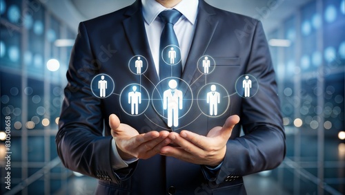 HR Solutions concept. Businessman holding human resources solutions icons for human resources management tool used to manage employee information in organization.