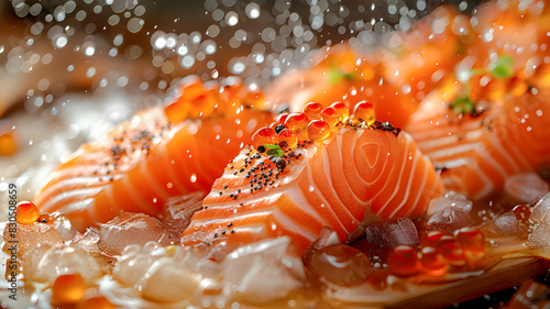 Close-up of salmon sashimi and bright red salmon roe. lonely underwater